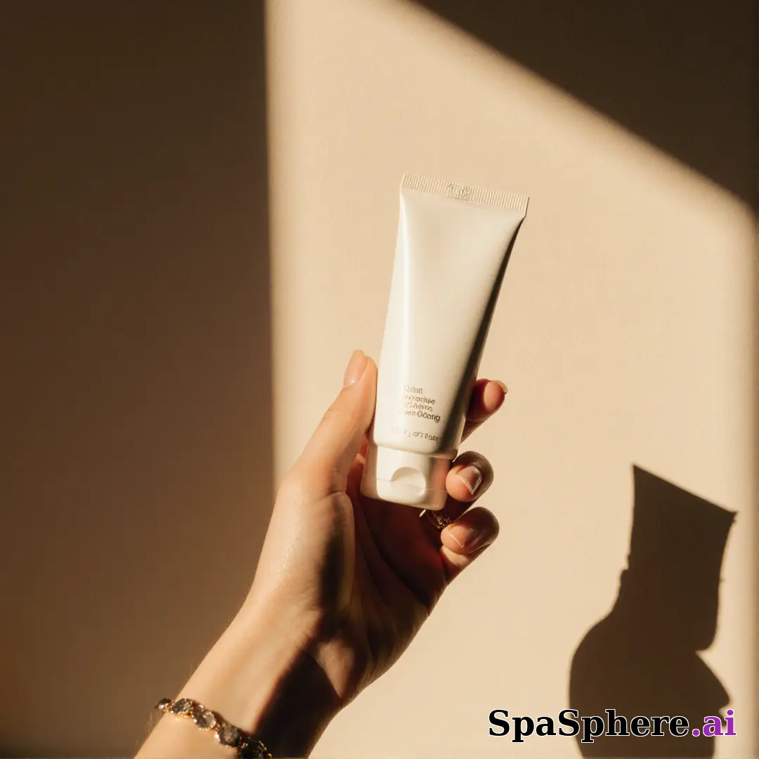 Hand holding a blank skincare tube in warm sunlight with a soft angled shadow on a neutral wall. (08) [1080x1080]