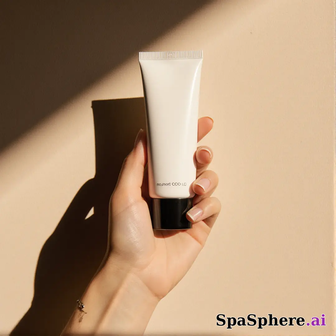 Hand holding a blank skincare tube in warm sunlight with a soft angled shadow on a neutral wall. (09) [1080x1080]