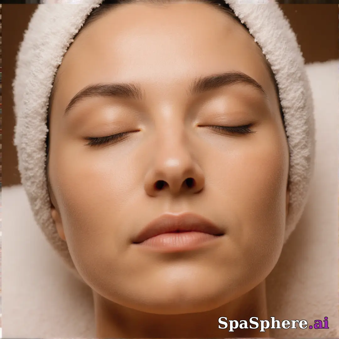 Post-facial calm close-up portrait – towel wrap and hydrated glow under soft spa lighting. (10) [1080x1080]