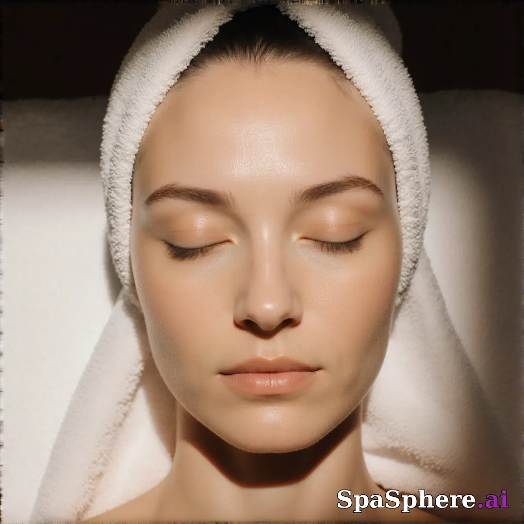Post-facial calm close-up portrait – towel wrap and hydrated glow under soft spa lighting. (18) [1080x1080]