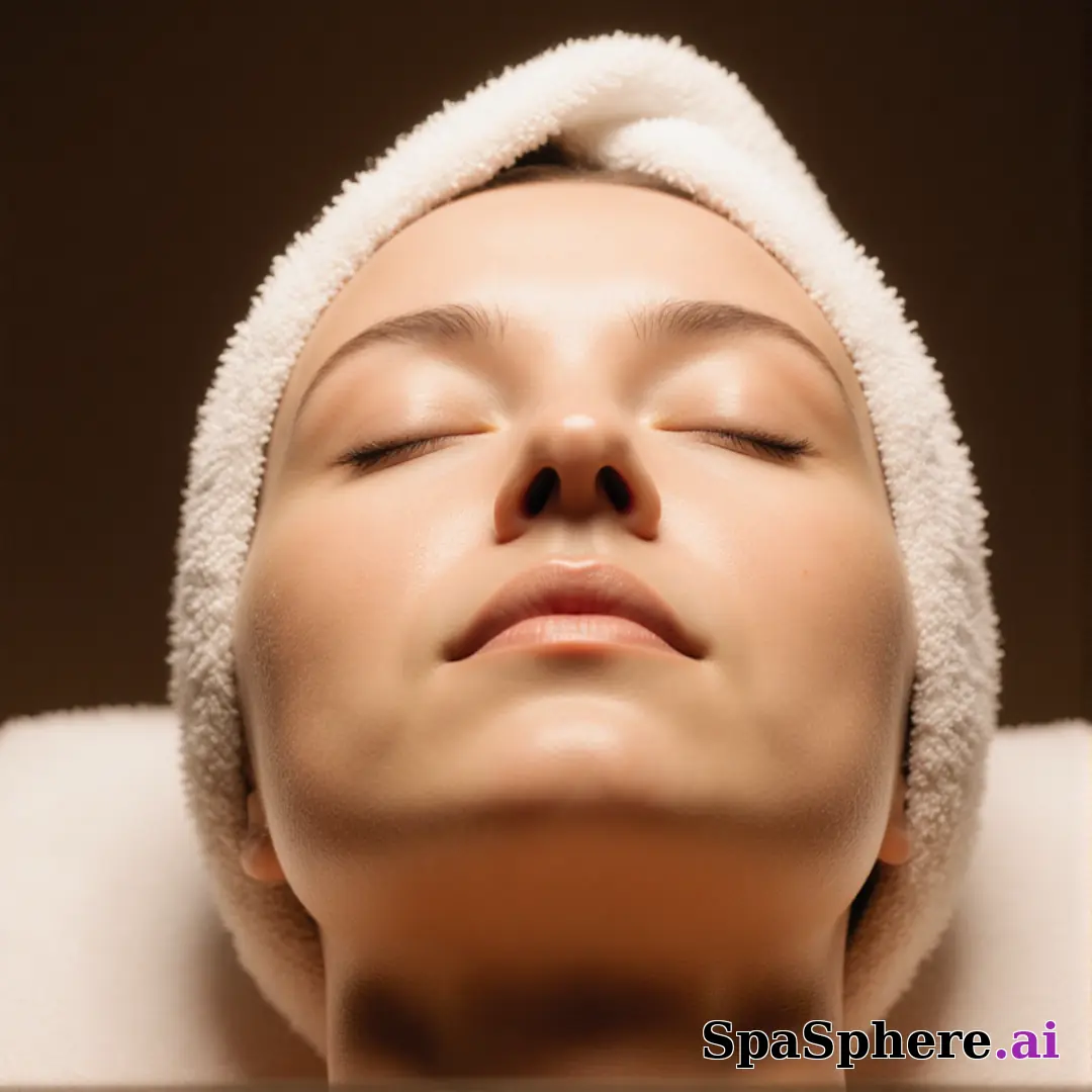 Post-facial calm close-up portrait – towel wrap and hydrated glow under soft spa lighting. (02) [1080x1080]