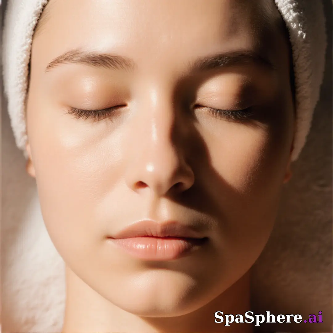 Post-facial calm close-up portrait – towel wrap and hydrated glow under soft spa lighting. (03) [1080x1080]
