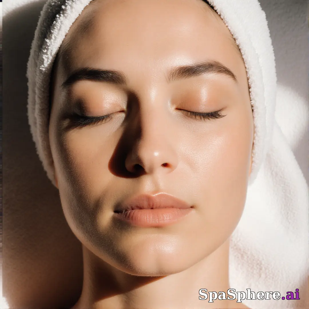 Post-facial calm close-up portrait – towel wrap and hydrated glow under soft spa lighting. (04) [1080x1080]