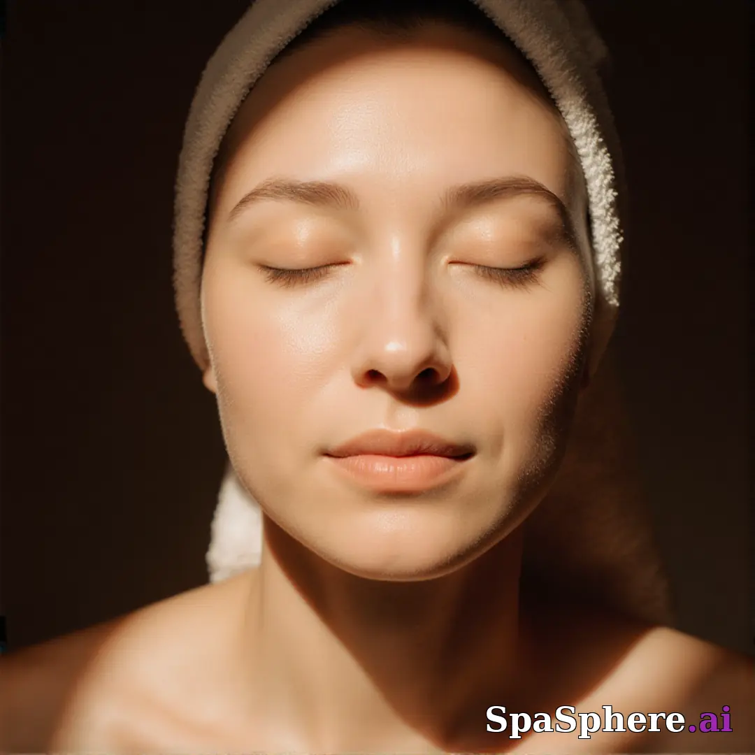 Post-facial calm close-up portrait – towel wrap and hydrated glow under soft spa lighting. (05) [1080x1080]