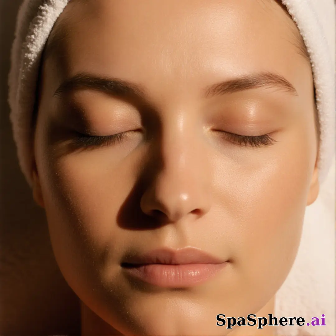 Post-facial calm close-up portrait – towel wrap and hydrated glow under soft spa lighting. (07) [1080x1080]
