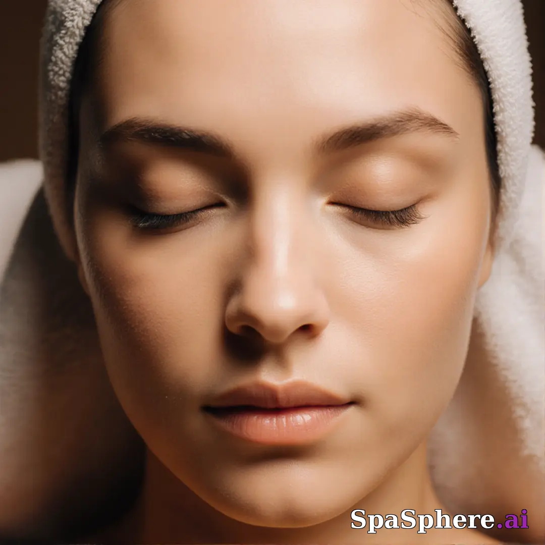 Post-facial calm close-up portrait – towel wrap and hydrated glow under soft spa lighting. (08) [1080x1080]
