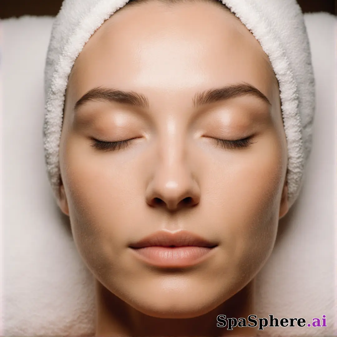 Post-facial calm close-up portrait – towel wrap and hydrated glow under soft spa lighting. (09) [1080x1080]