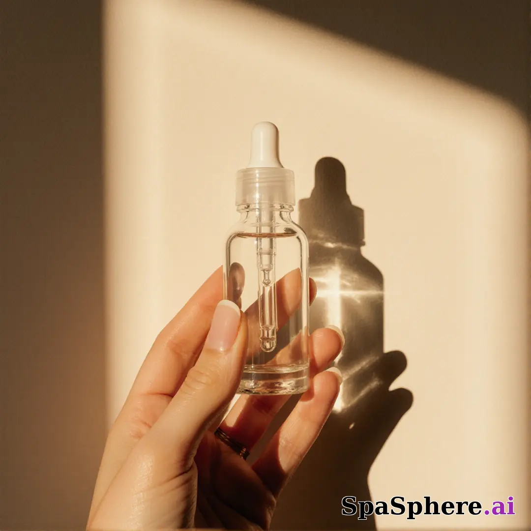 Hand presenting a clear serum dropper bottle with warm sunlight and aesthetic shadow on a beige wall. (11) [1080x1080]