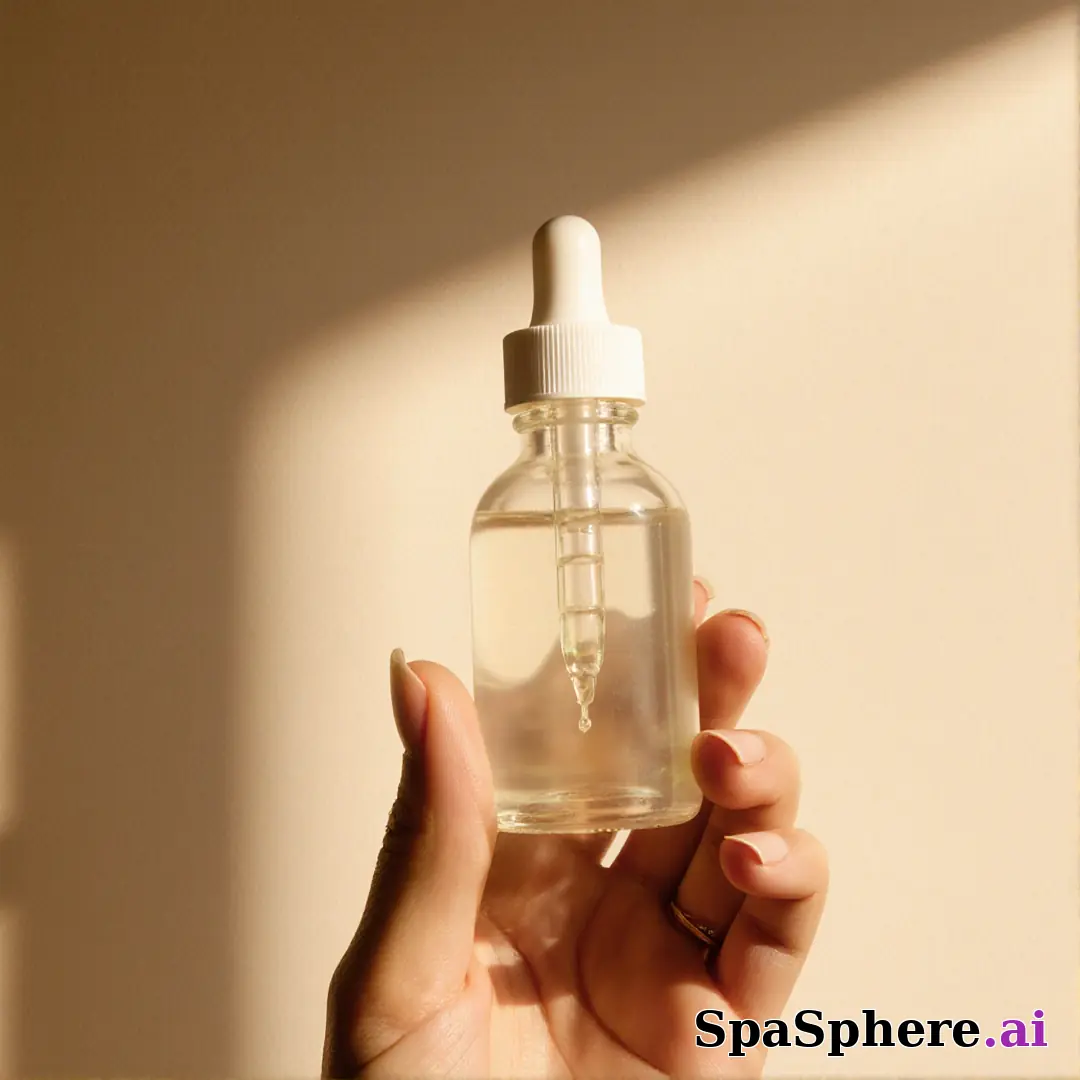 Hand presenting a clear serum dropper bottle with warm sunlight and aesthetic shadow on a beige wall. (13) [1080x1080]