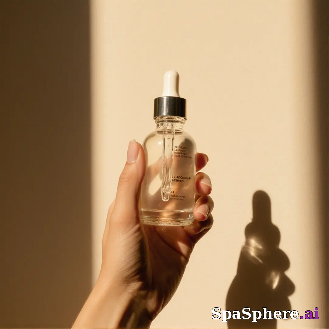 Hand presenting a clear serum dropper bottle with warm sunlight and aesthetic shadow on a beige wall. (15) [1080x1080]