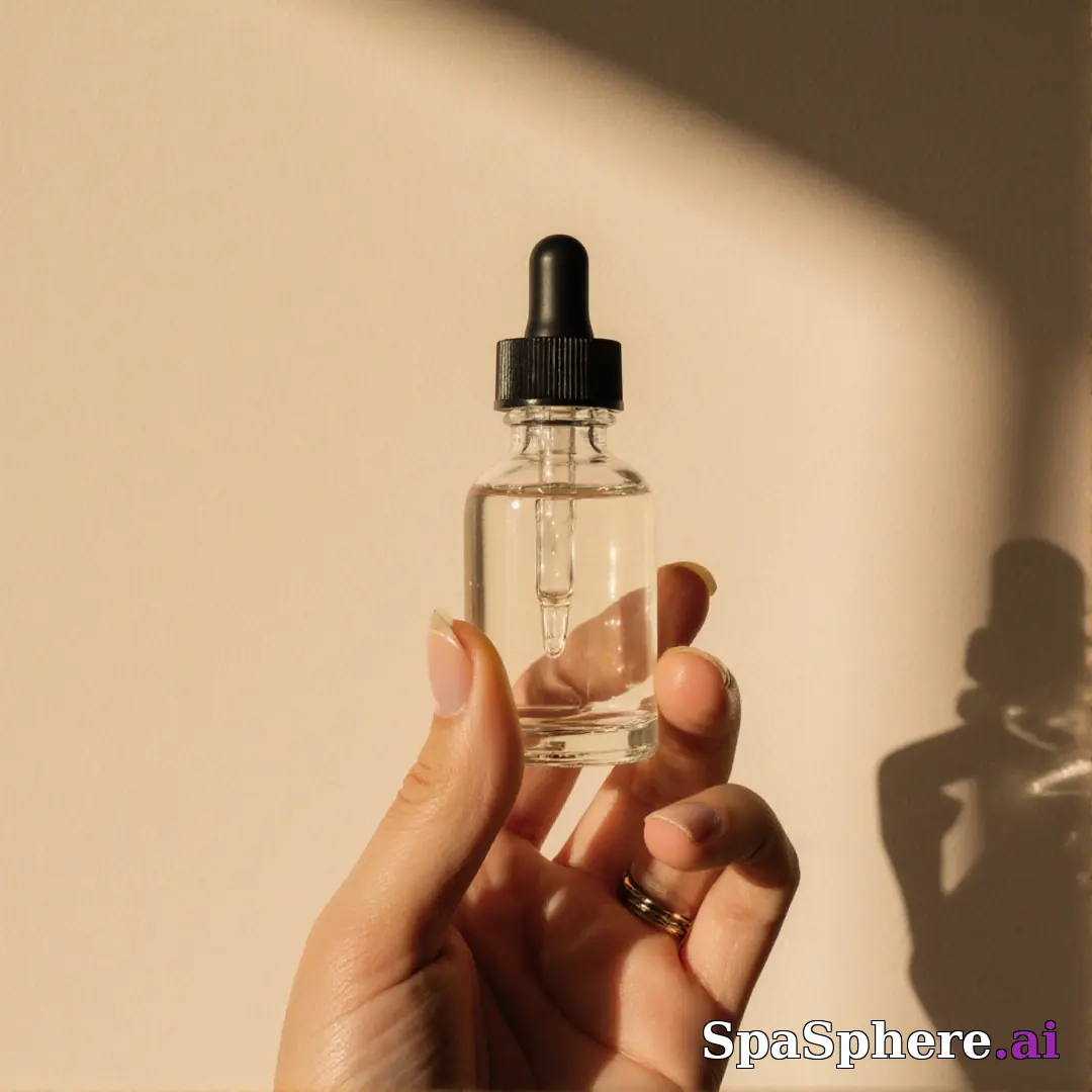 Hand presenting a clear serum dropper bottle with warm sunlight and aesthetic shadow on a beige wall. (19) [1080x1080]