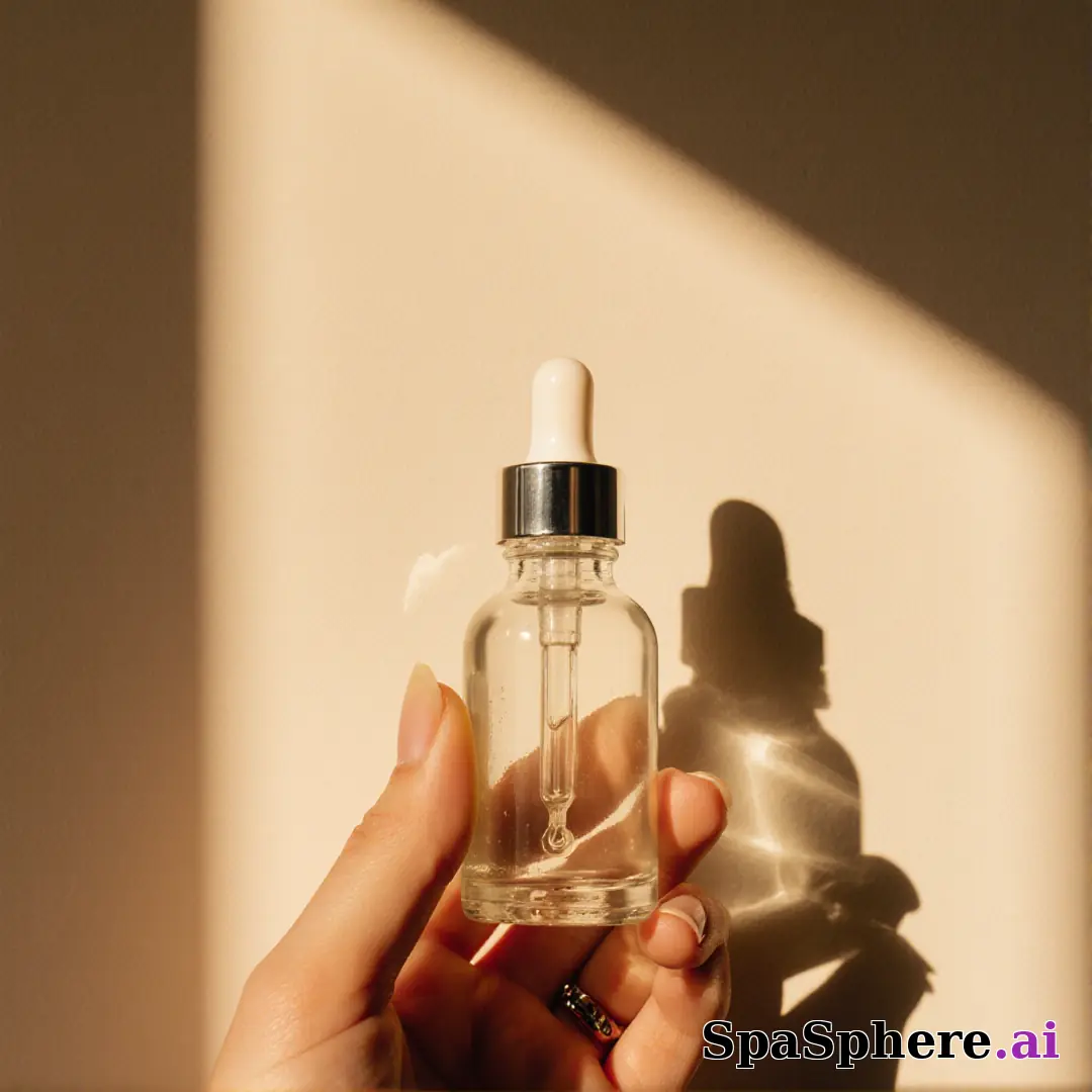 Hand presenting a clear serum dropper bottle with warm sunlight and aesthetic shadow on a beige wall. (02) [1080x1080]