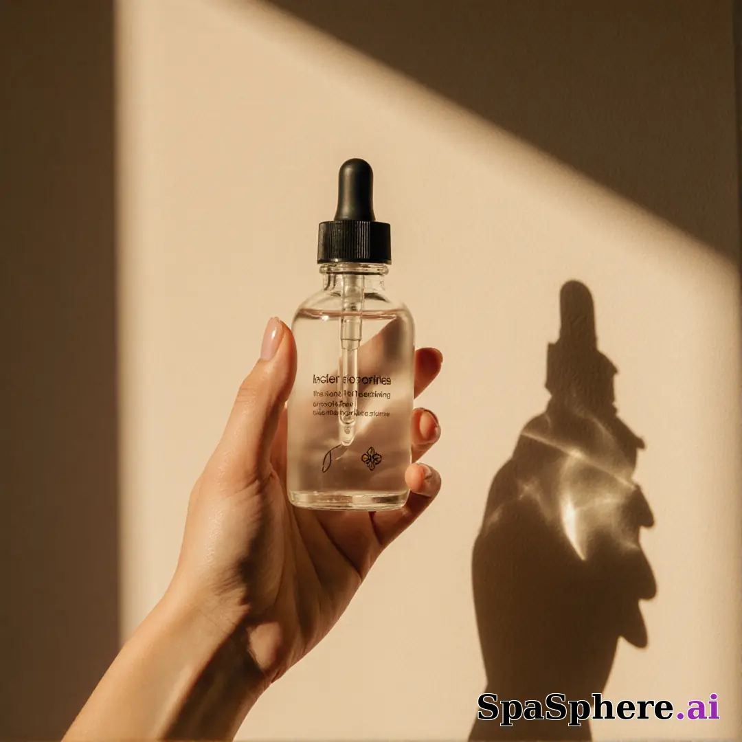 Hand presenting a clear serum dropper bottle with warm sunlight and aesthetic shadow on a beige wall. (22) [1080x1080]