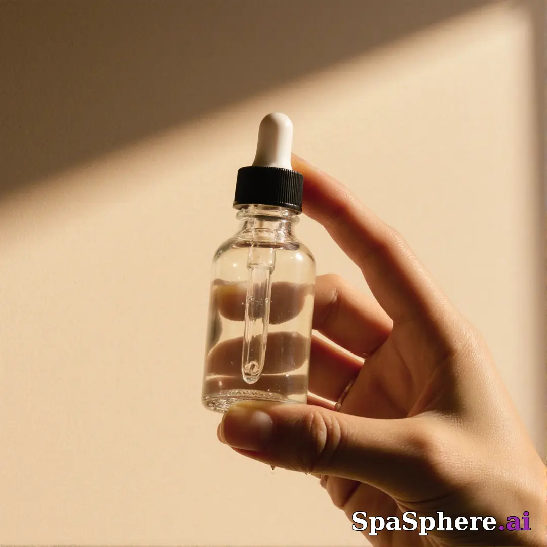 Hand presenting a clear serum dropper bottle with warm sunlight and aesthetic shadow on a beige wall. (23) [1080x1080]