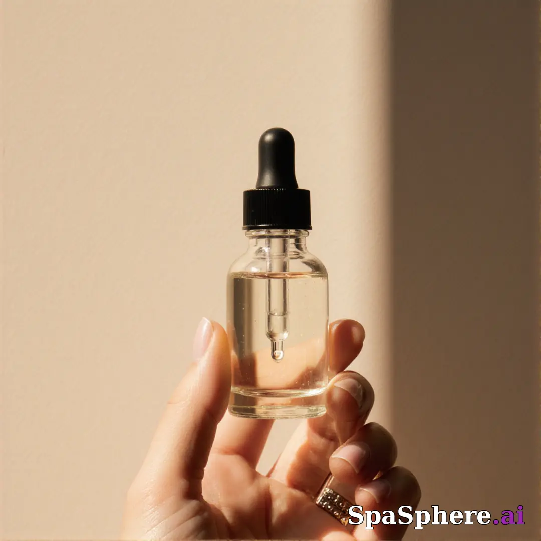 Hand presenting a clear serum dropper bottle with warm sunlight and aesthetic shadow on a beige wall. (03) [1080x1080]