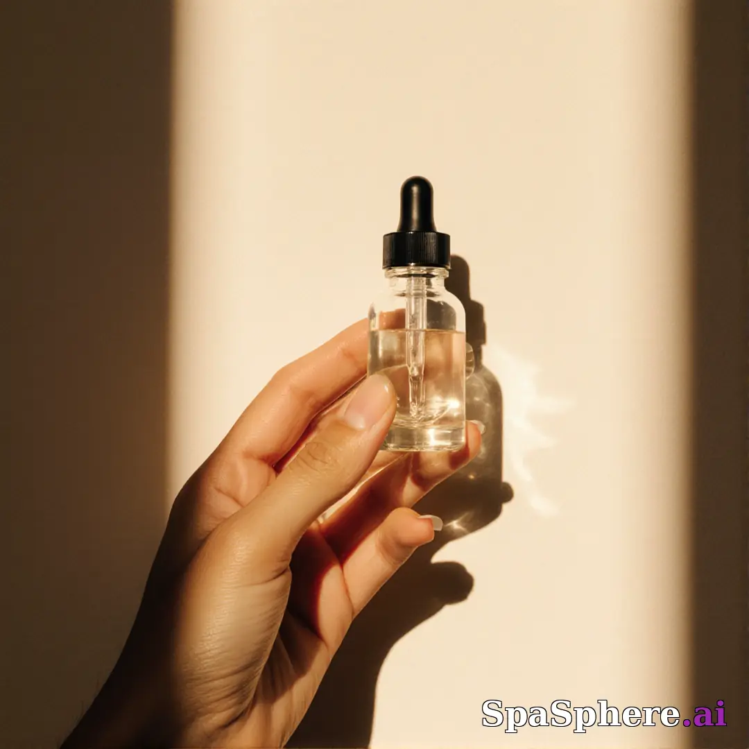 Hand presenting a clear serum dropper bottle with warm sunlight and aesthetic shadow on a beige wall. (04) [1080x1080]