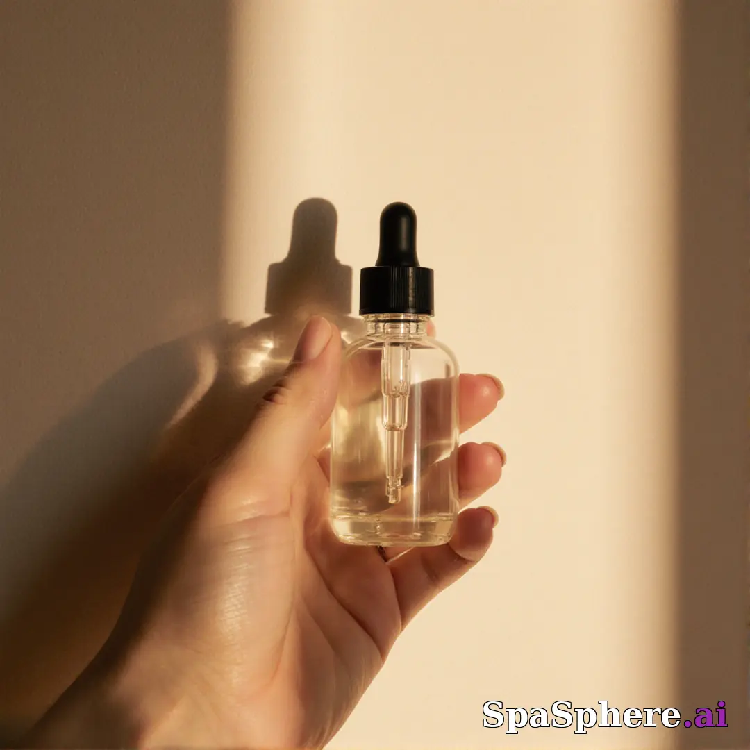 Hand presenting a clear serum dropper bottle with warm sunlight and aesthetic shadow on a beige wall. (08) [1080x1080]