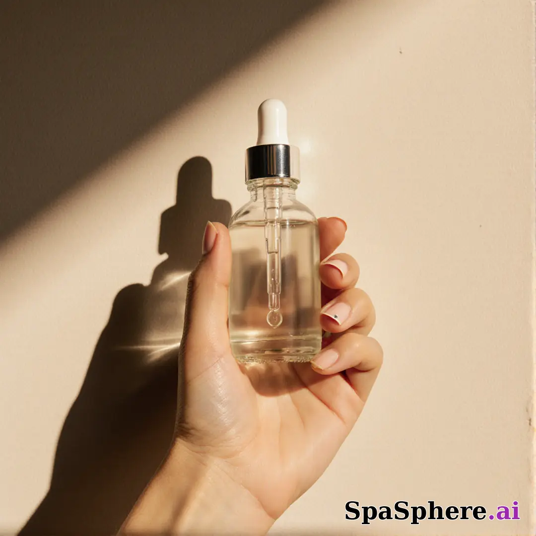 Hand presenting a clear serum dropper bottle with warm sunlight and aesthetic shadow on a beige wall. (09) [1080x1080]