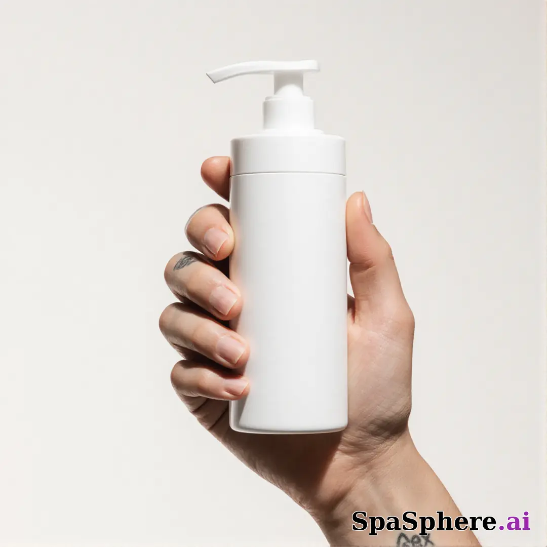 Unbranded white skincare pump bottle held in hand against off-white soft daylight background with promo space. (12) [1080x1080]