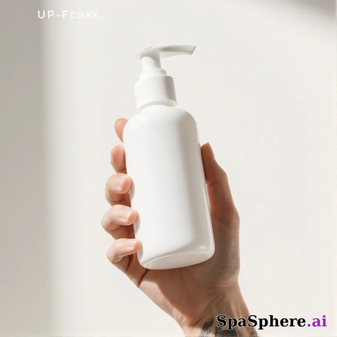 Unbranded white skincare pump bottle held in hand against off-white soft daylight background with promo space. (13) [1080x1080]