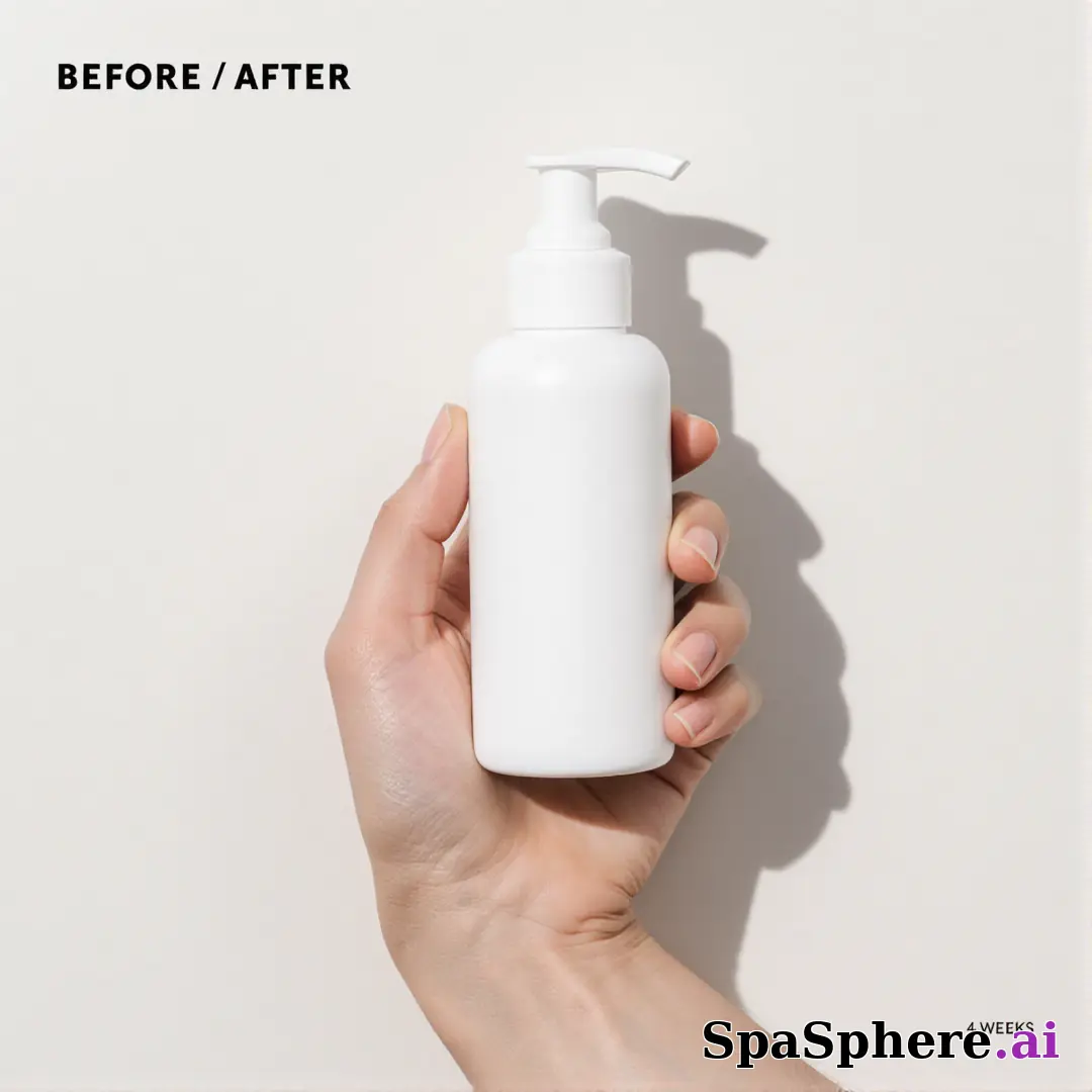 Unbranded white skincare pump bottle held in hand against off-white soft daylight background with promo space. (17) [1080x1080]