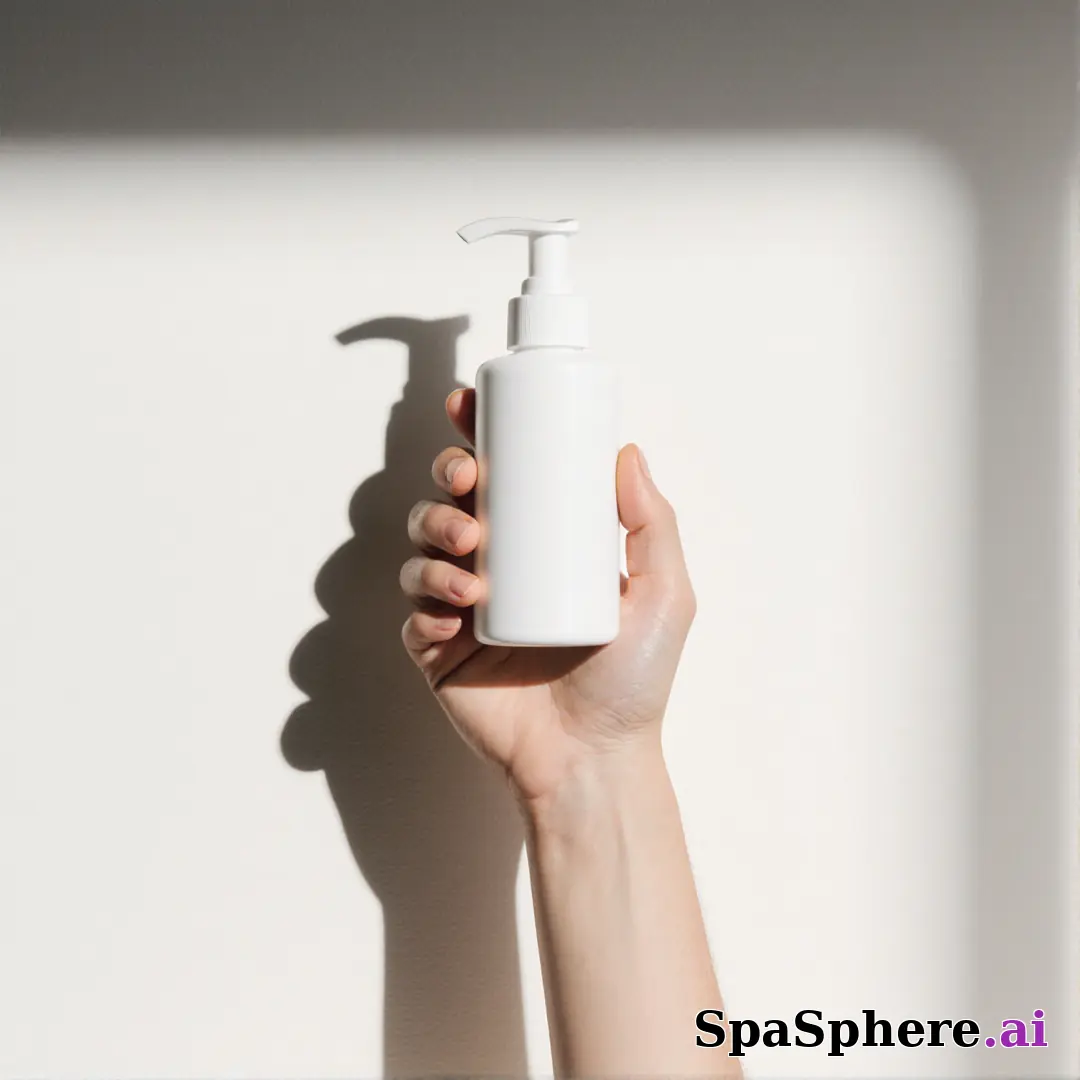 Unbranded white skincare pump bottle held in hand against off-white soft daylight background with promo space. (18) [1080x1080]