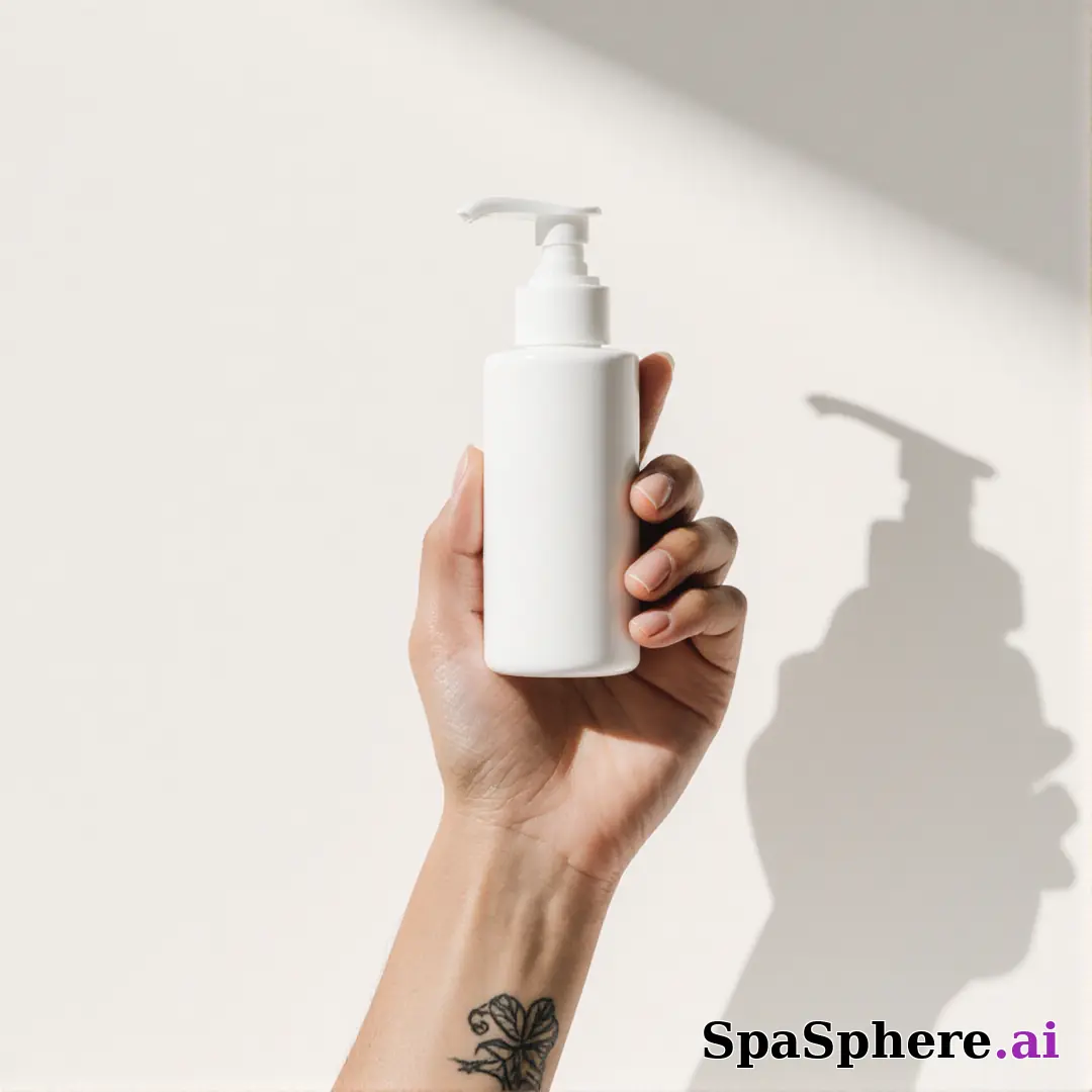 Unbranded white skincare pump bottle held in hand against off-white soft daylight background with promo space. (19) [1080x1080]