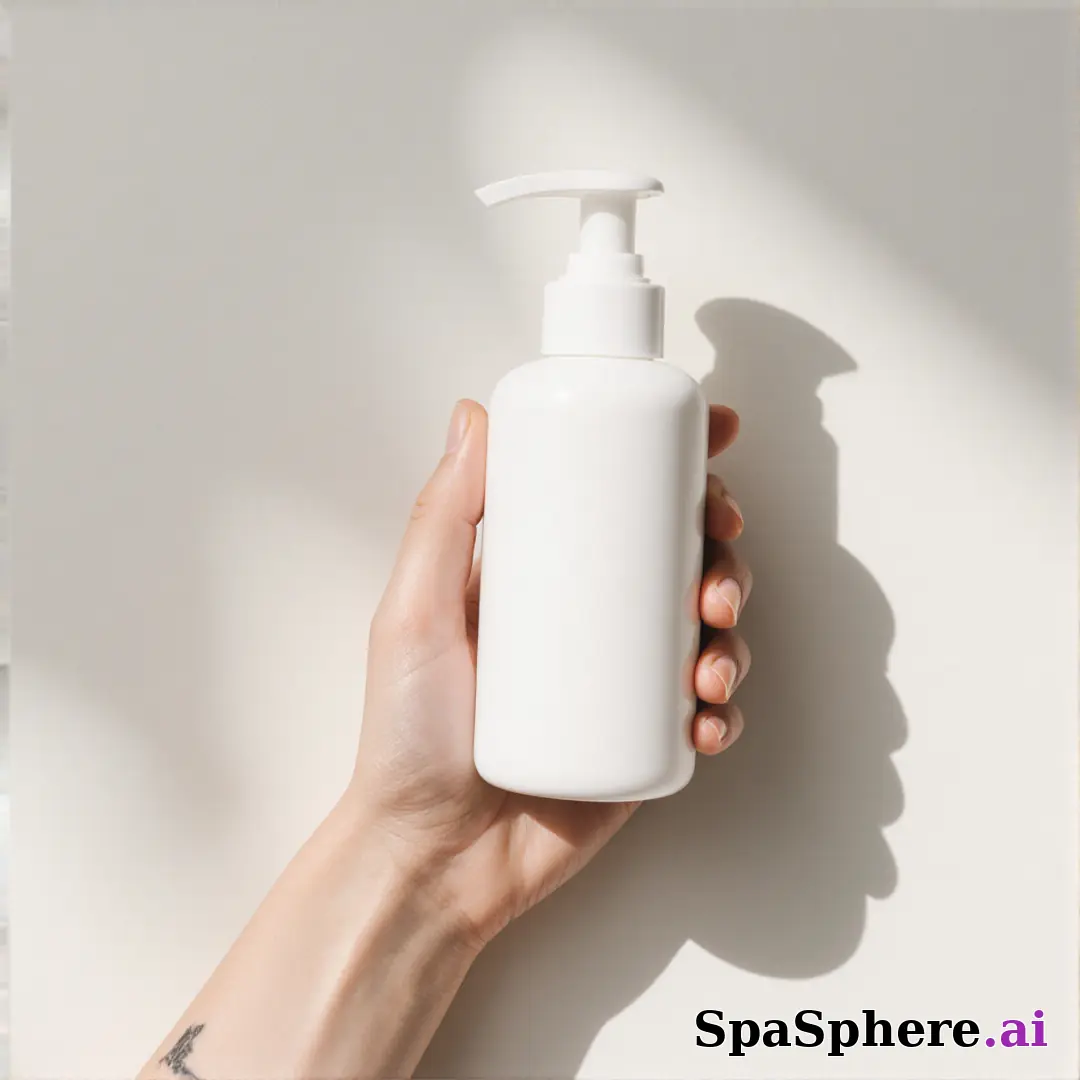Unbranded white skincare pump bottle held in hand against off-white soft daylight background with promo space. (02) [1080x1080]