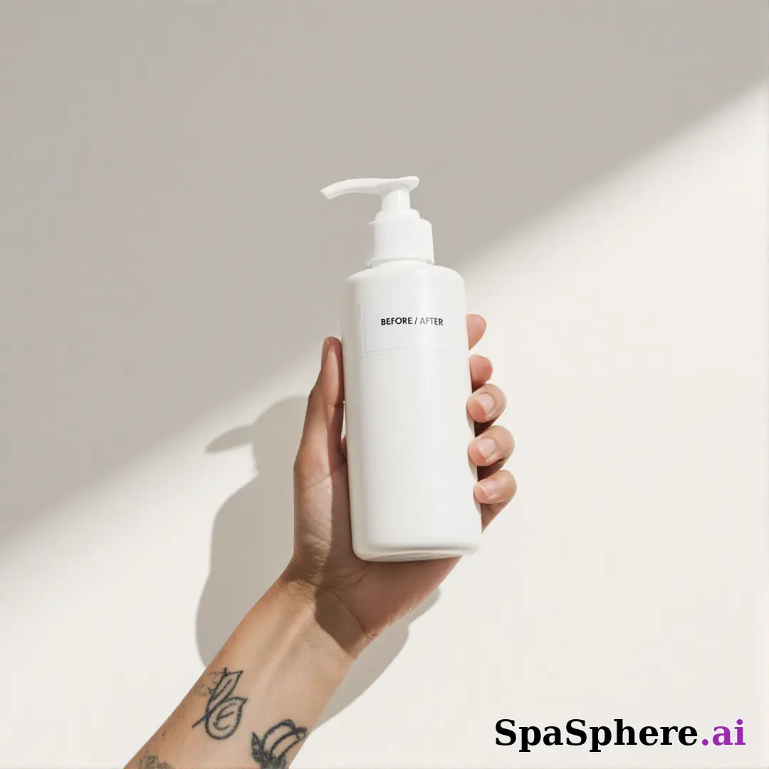 Unbranded white skincare pump bottle held in hand against off-white soft daylight background with promo space. (21) [1080x1080]