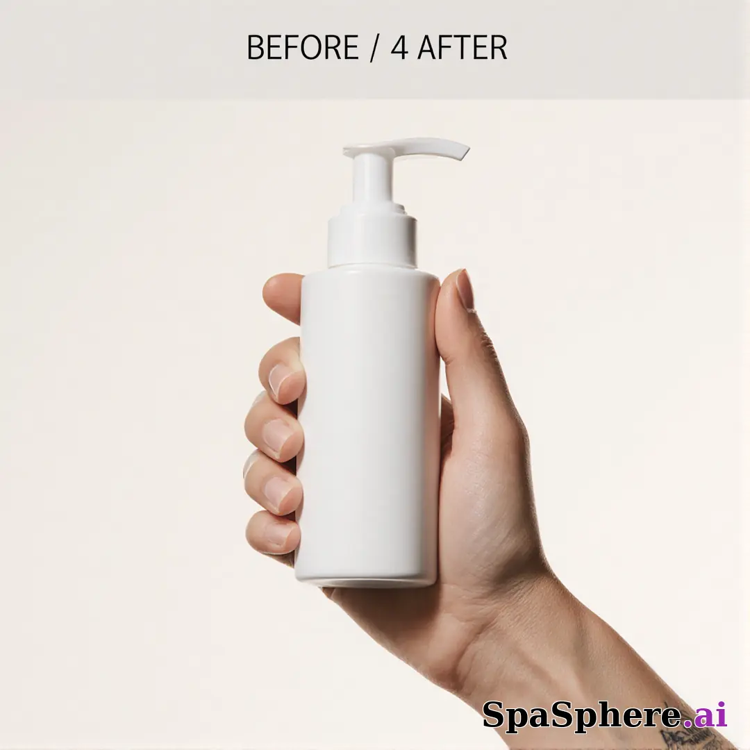 Unbranded white skincare pump bottle held in hand against off-white soft daylight background with promo space. (23) [1080x1080]