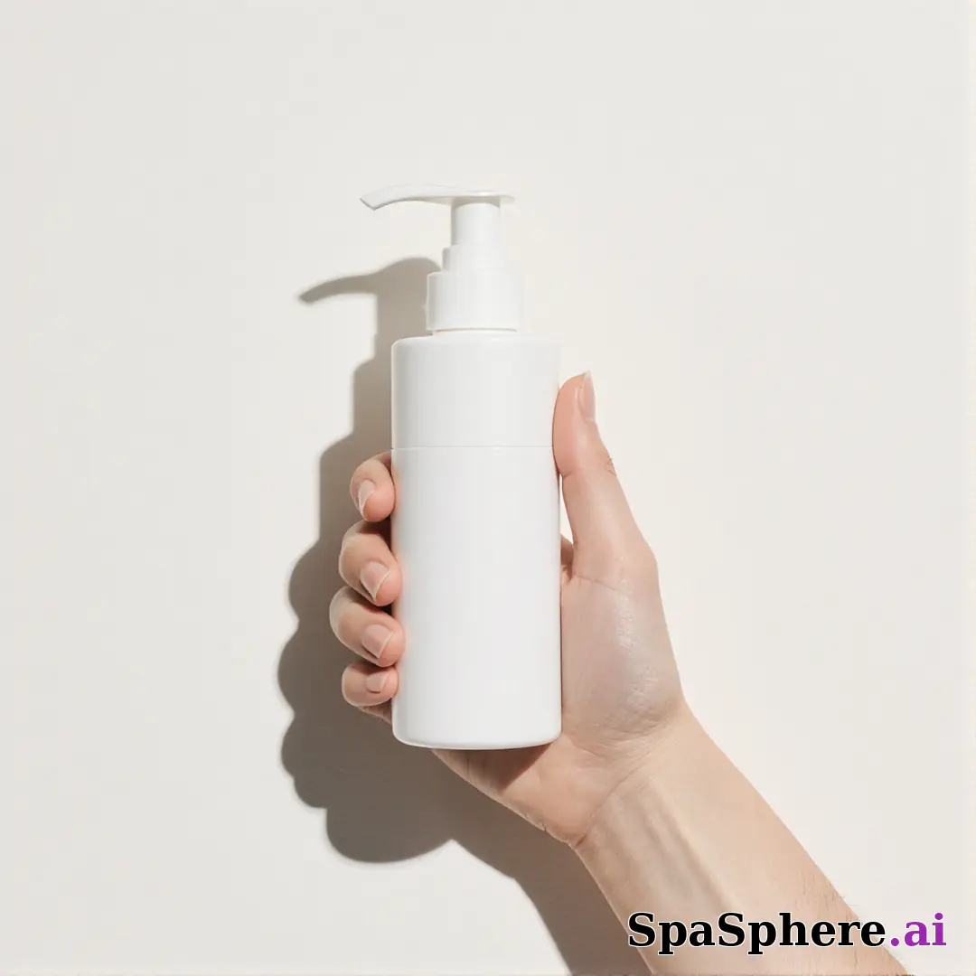 Unbranded white skincare pump bottle held in hand against off-white soft daylight background with promo space. (24) [1080x1080]