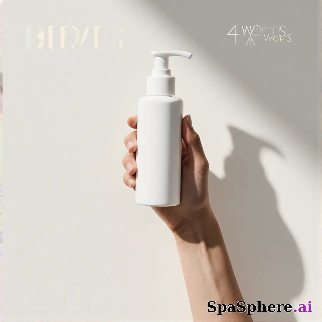 Unbranded white skincare pump bottle held in hand against off-white soft daylight background with promo space. (03) [1080x1080]