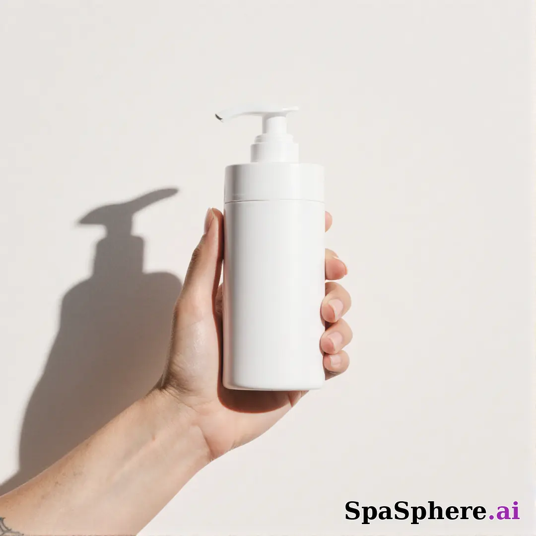 Unbranded white skincare pump bottle held in hand against off-white soft daylight background with promo space. (08) [1080x1080]