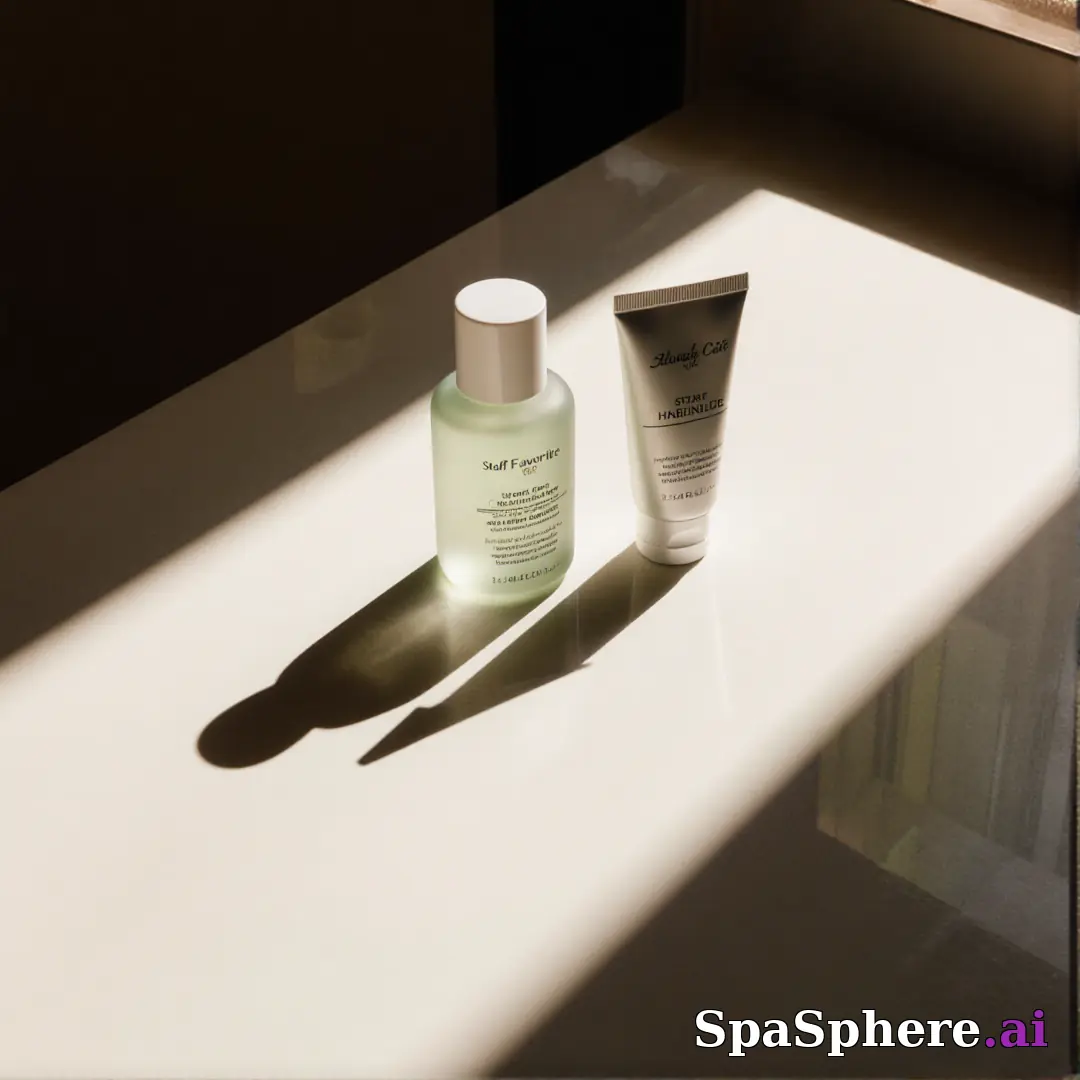 Minimalist spa retail display with dramatic sun shadows and open space for “staff pick” messaging. (01) [1080x1080]