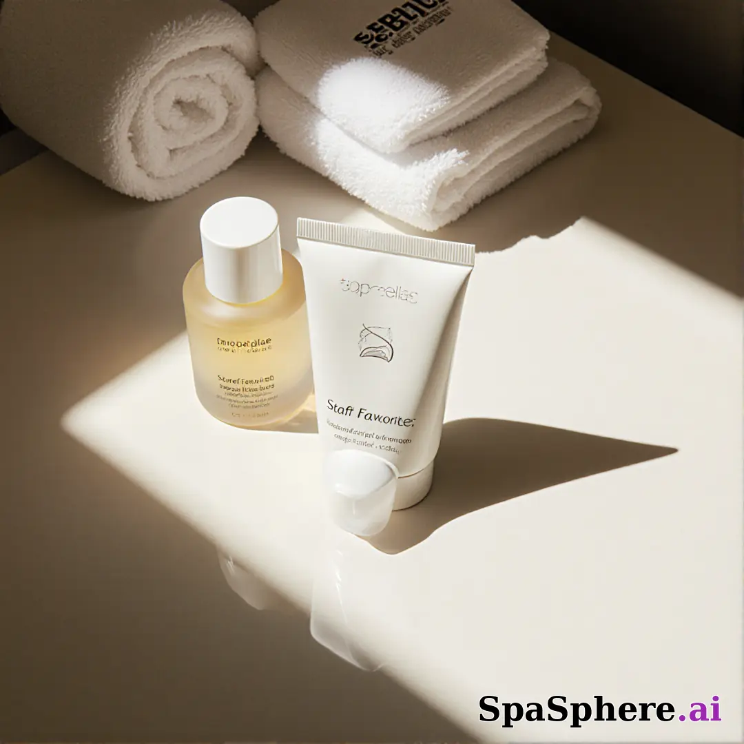 Minimalist spa retail display with dramatic sun shadows and open space for “staff pick” messaging. (11) [1080x1080]