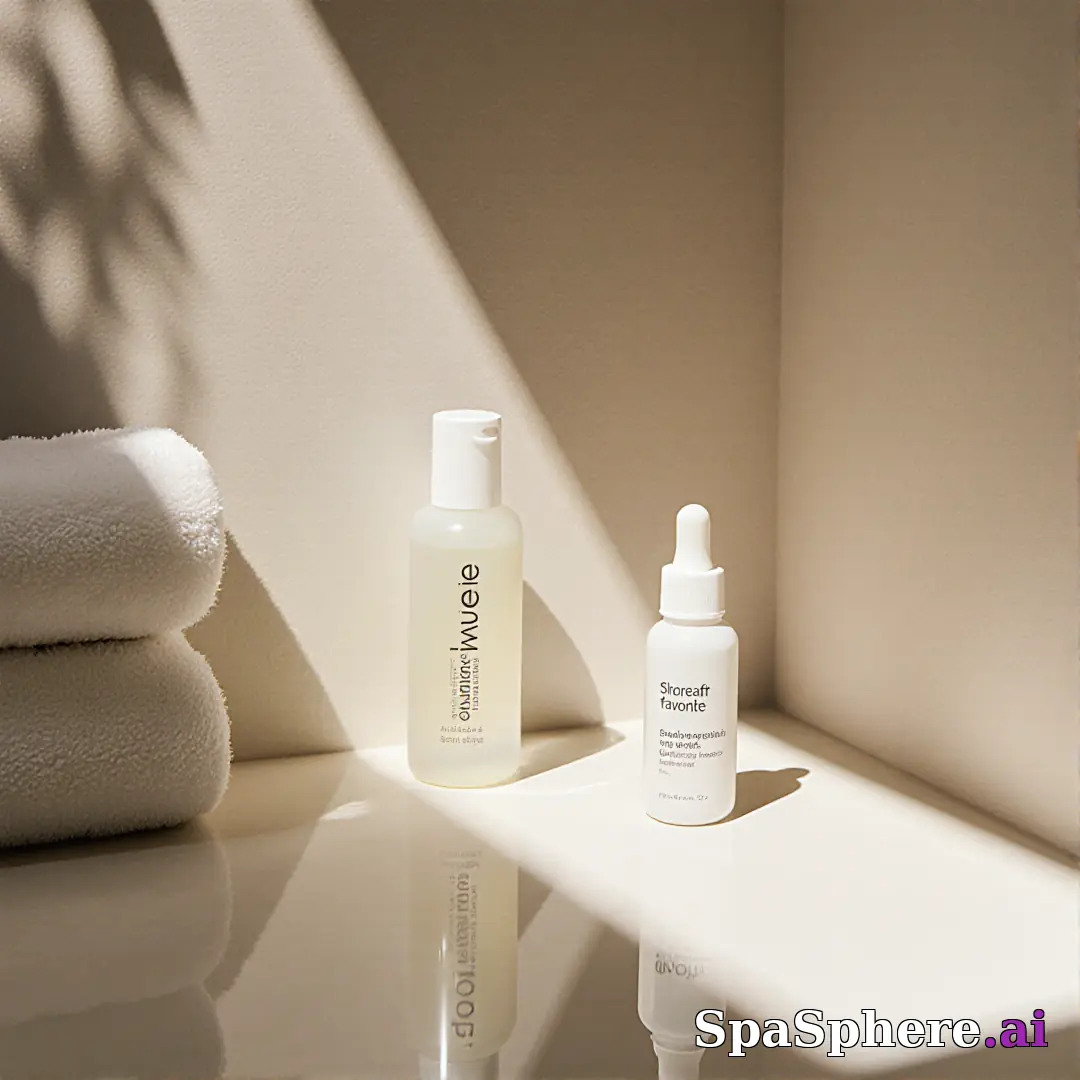 Minimalist spa retail display with dramatic sun shadows and open space for “staff pick” messaging. (16) [1080x1080]