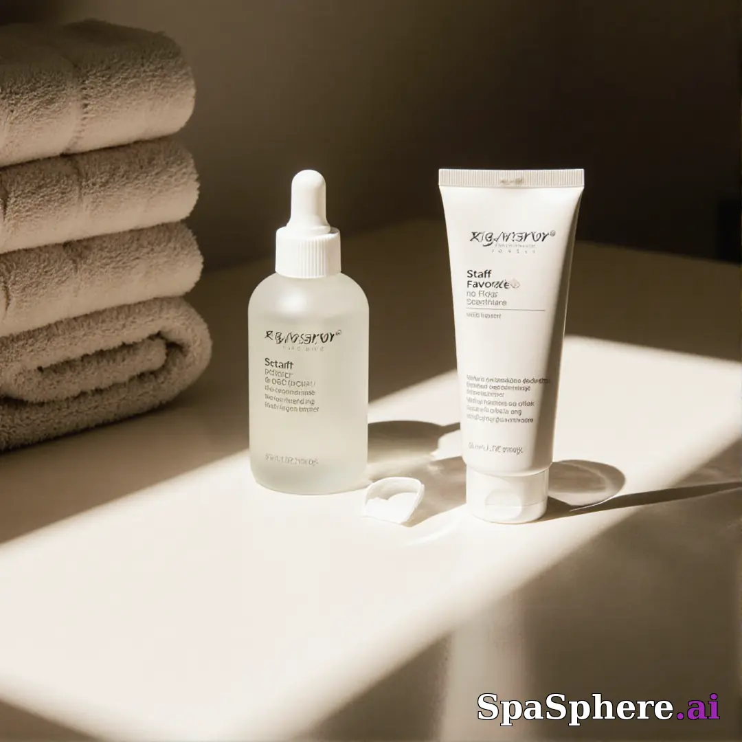 Minimalist spa retail display with dramatic sun shadows and open space for “staff pick” messaging. (03) [1080x1080]