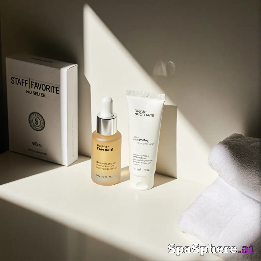 Minimalist spa retail display with dramatic sun shadows and open space for “staff pick” messaging. (04) [1080x1080]