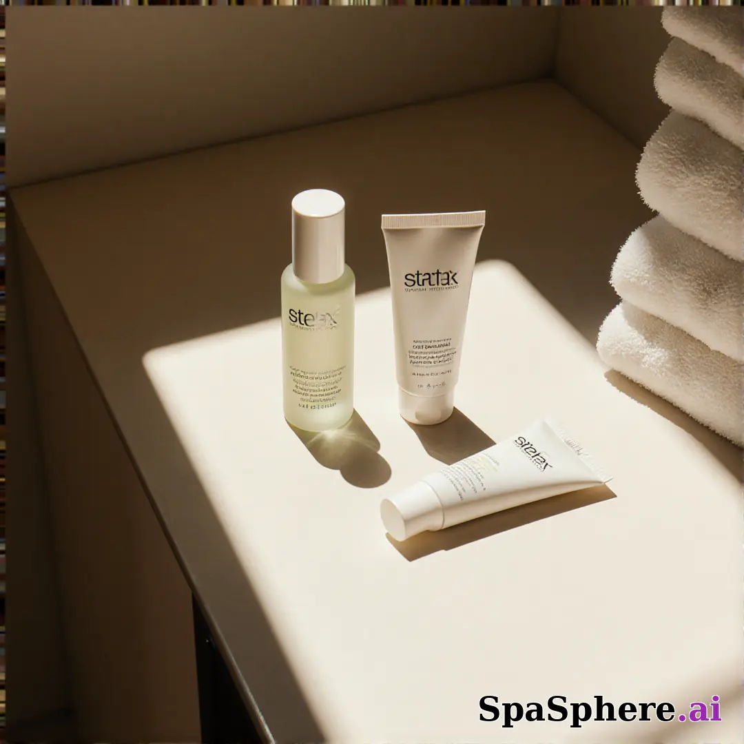 Minimalist spa retail display with dramatic sun shadows and open space for “staff pick” messaging. (07) [1080x1080]