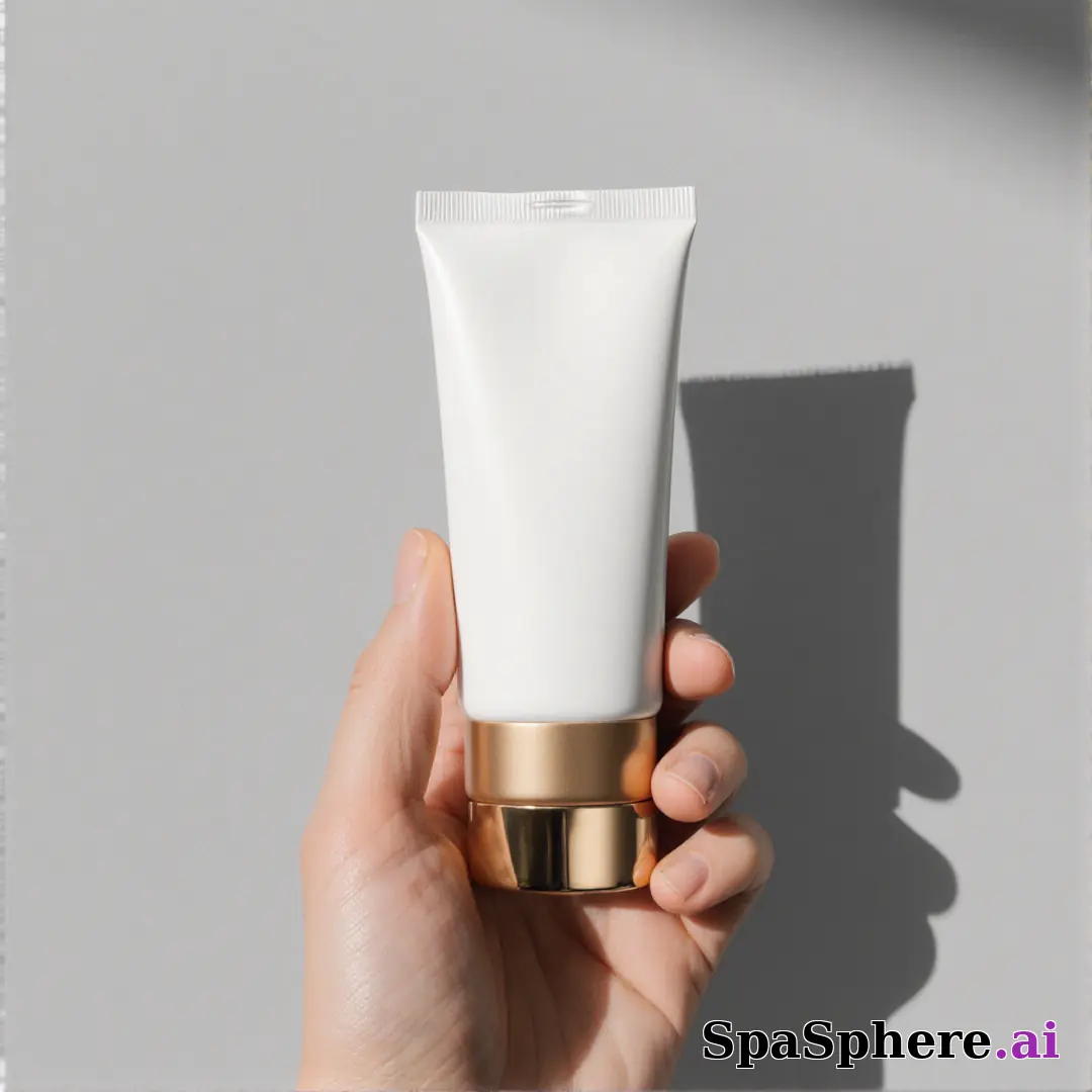 Minimal sunscreen product shot in hand with soft gray light and negative space for skincare education text. (10) [1080x1080]