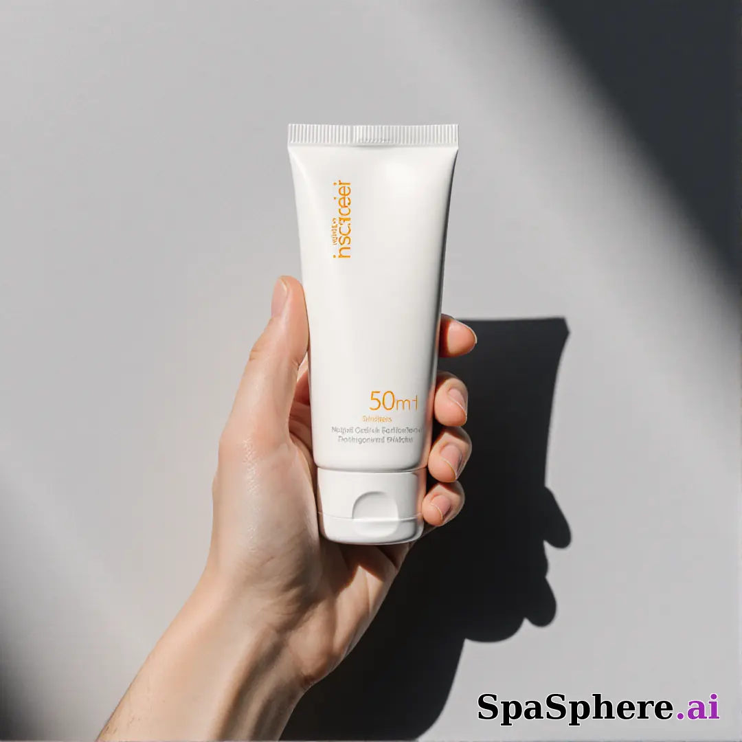 Minimal sunscreen product shot in hand with soft gray light and negative space for skincare education text. (11) [1080x1080]