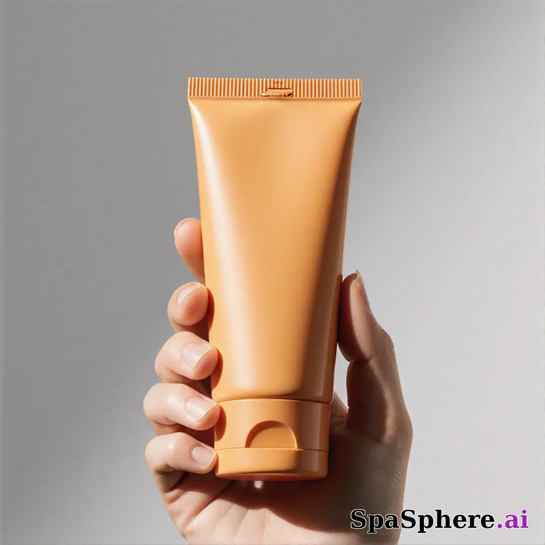 Minimal sunscreen product shot in hand with soft gray light and negative space for skincare education text. (13) [1080x1080]