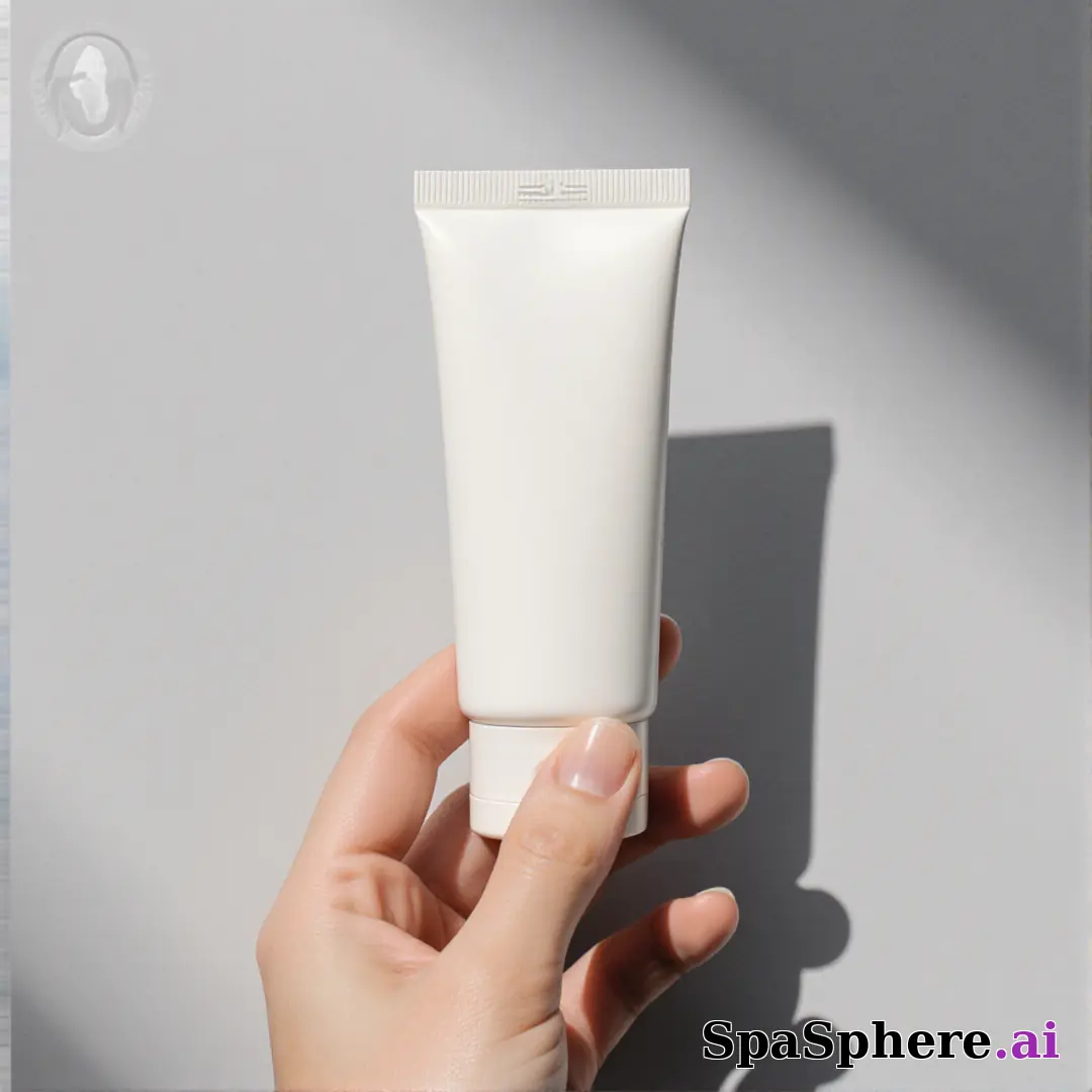 Minimal sunscreen product shot in hand with soft gray light and negative space for skincare education text. (16) [1080x1080]