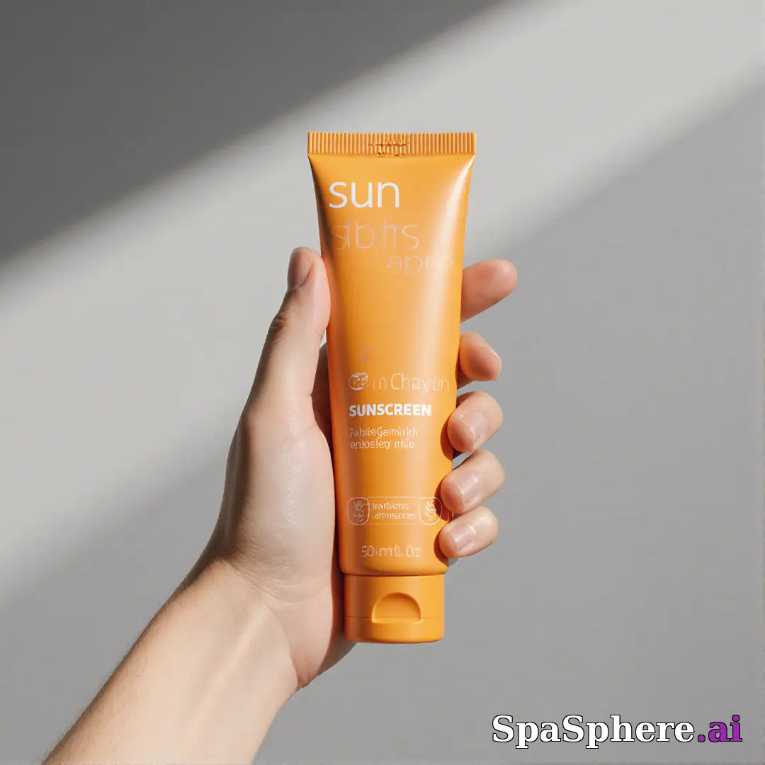 Minimal sunscreen product shot in hand with soft gray light and negative space for skincare education text. (18) [1080x1080]