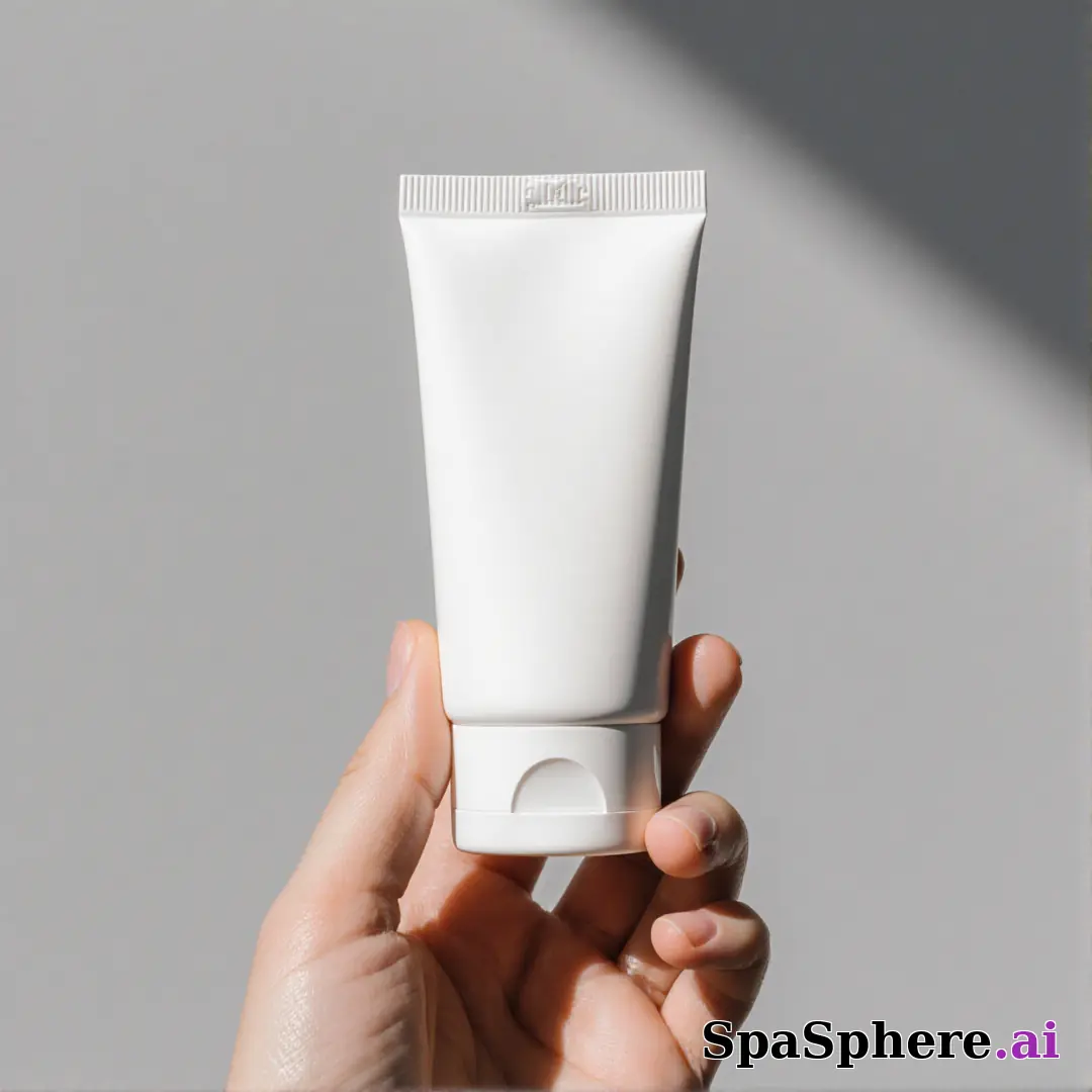 Minimal sunscreen product shot in hand with soft gray light and negative space for skincare education text. (19) [1080x1080]