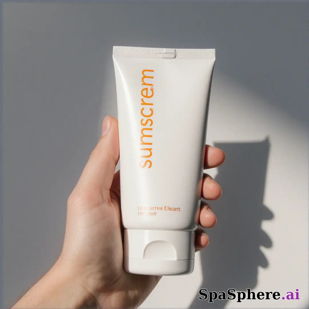 Minimal sunscreen product shot in hand with soft gray light and negative space for skincare education text. (22) [1080x1080]