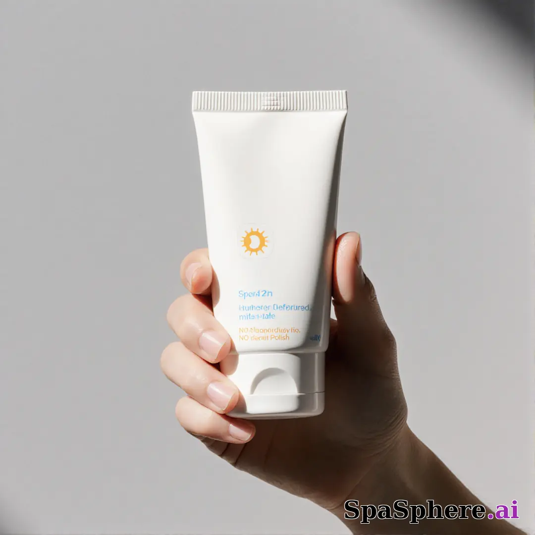 Minimal sunscreen product shot in hand with soft gray light and negative space for skincare education text. (23) [1080x1080]