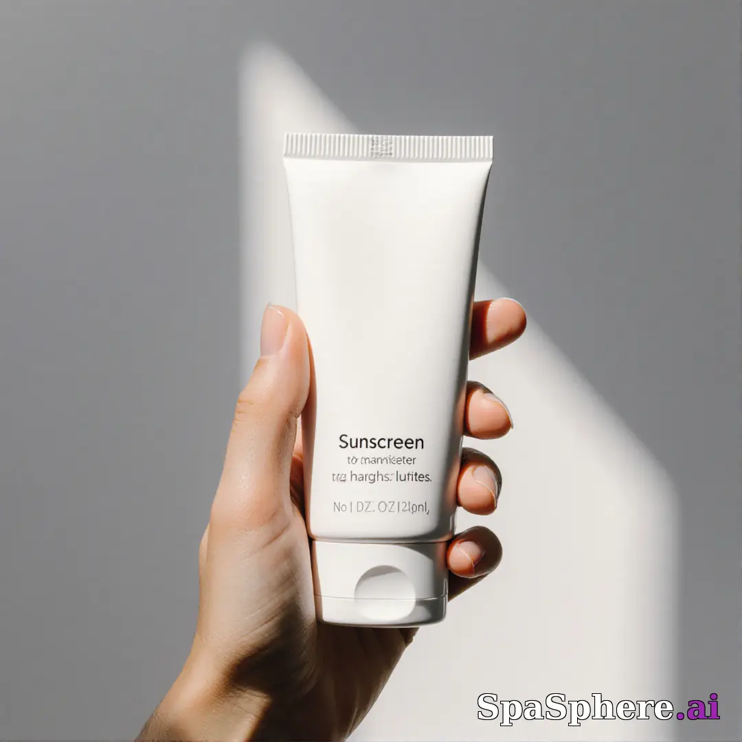 Minimal sunscreen product shot in hand with soft gray light and negative space for skincare education text. (04) [1080x1080]