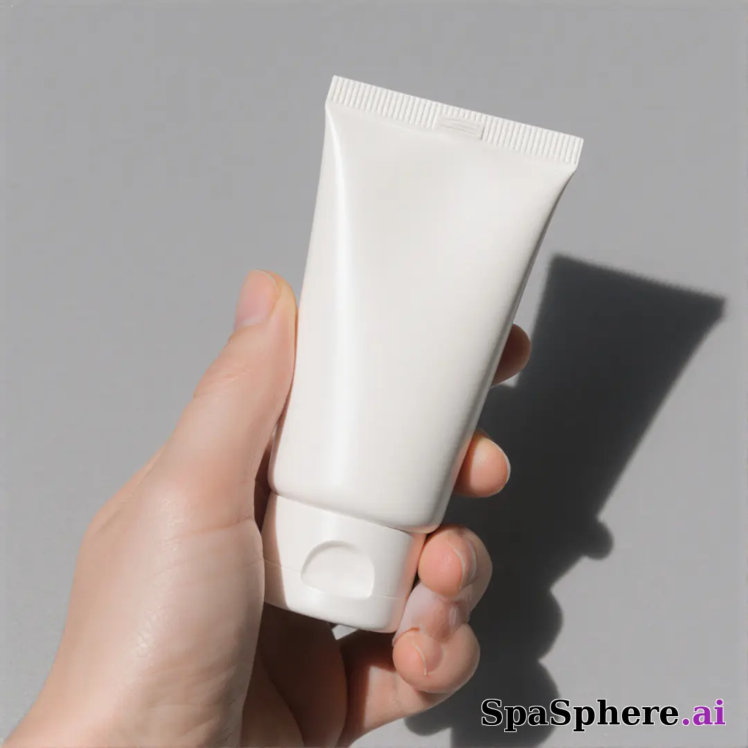 Minimal sunscreen product shot in hand with soft gray light and negative space for skincare education text. (06) [1080x1080]