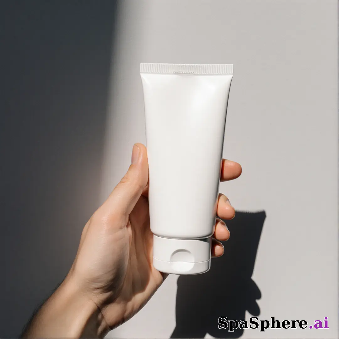 Minimal sunscreen product shot in hand with soft gray light and negative space for skincare education text. (07) [1080x1080]